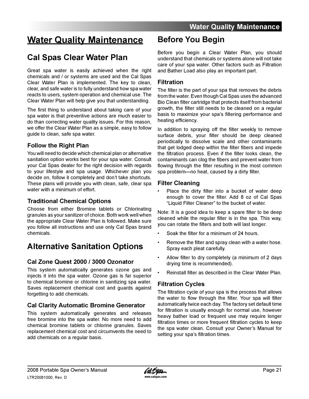 Cal Spas GFCI manual Water Quality Maintenance, Cal Spas Clear Water Plan, Alternative Sanitation Options, Before You Begin 