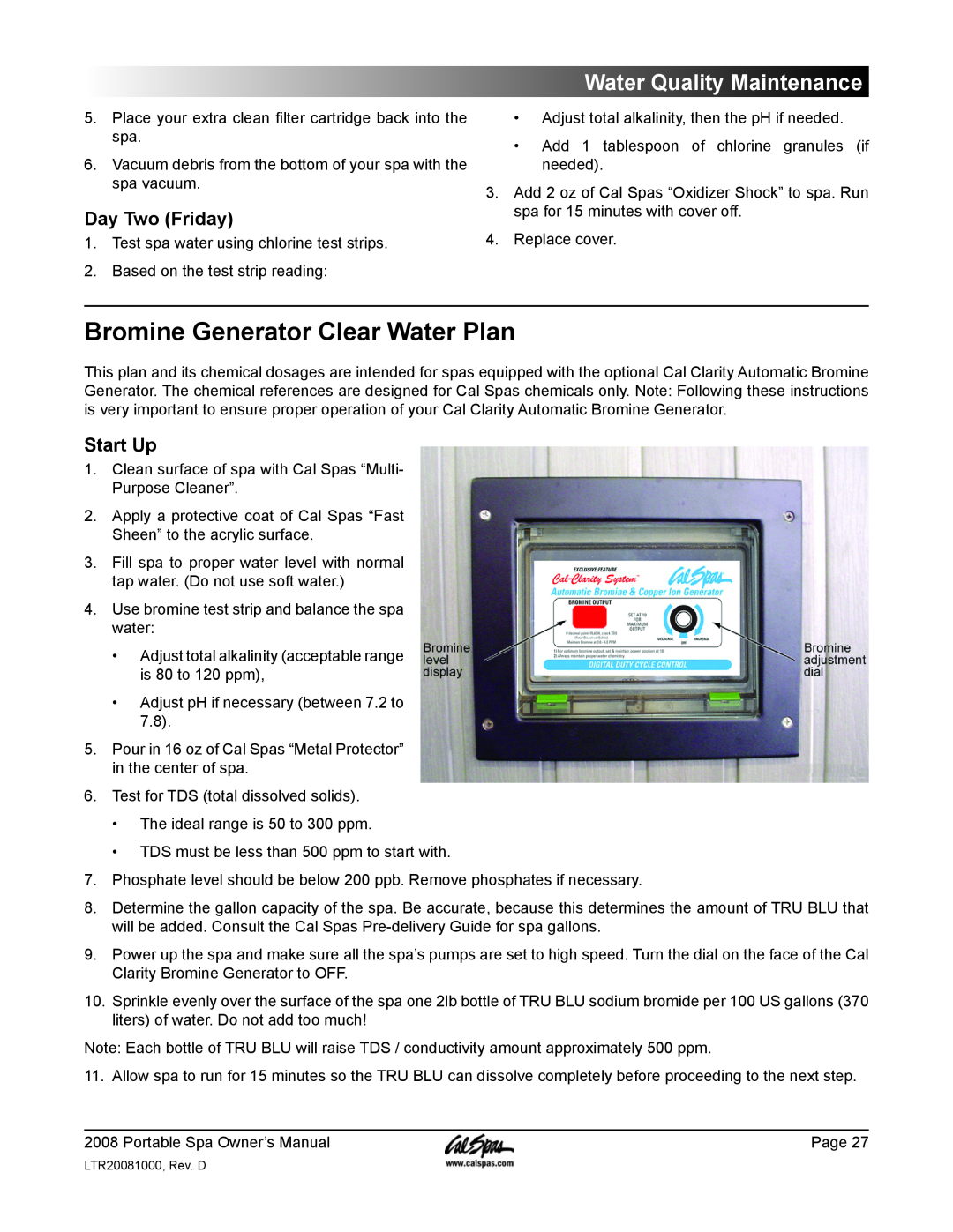 Cal Spas GFCI manual Bromine Generator Clear Water Plan, Day Two Friday, Water Quality Maintenance, Start Up 