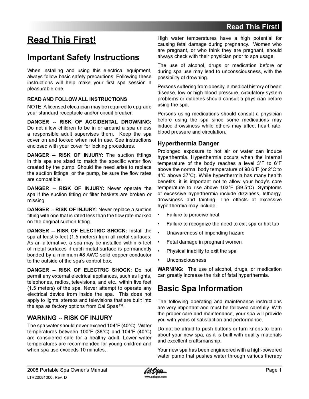 Cal Spas GFCI manual Read This First, Important Safety Instructions, Basic Spa Information, Warning --Risk Of Injury 