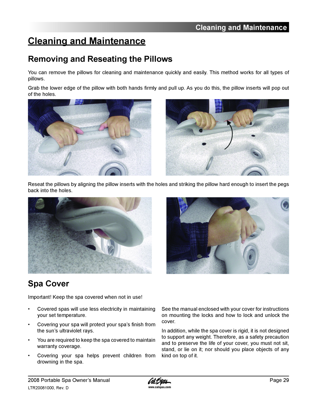 Cal Spas GFCI manual Cleaning and Maintenance, Removing and Reseating the Pillows, Spa Cover 