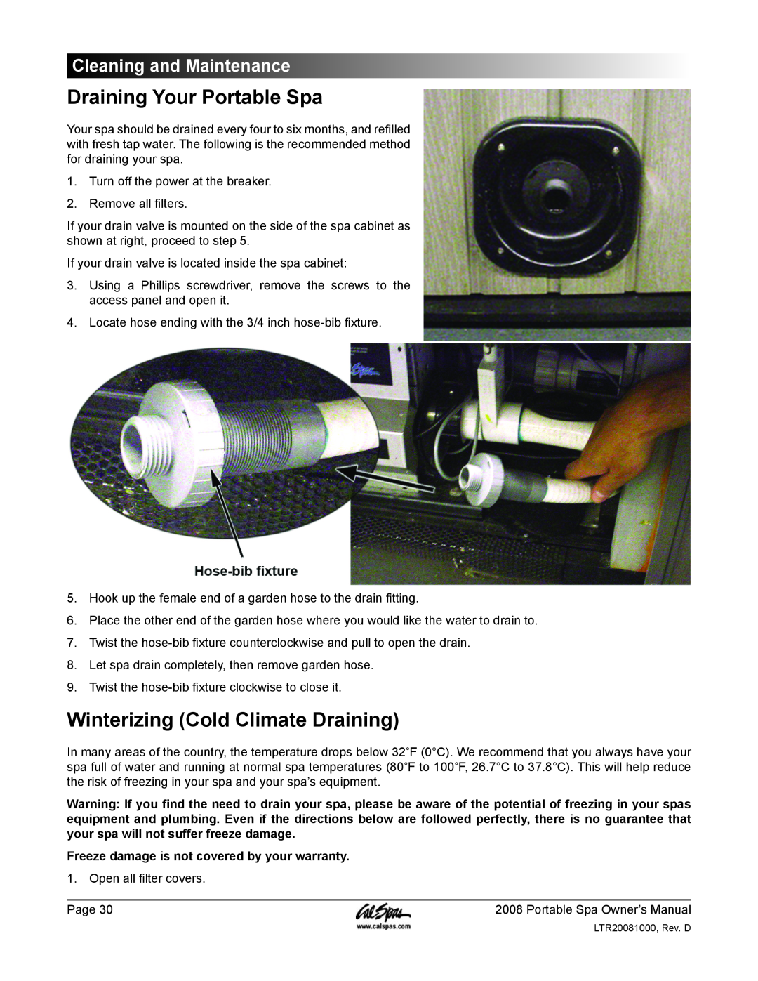 Cal Spas GFCI manual Draining Your Portable Spa, Winterizing Cold Climate Draining, Cleaning and Maintenance 