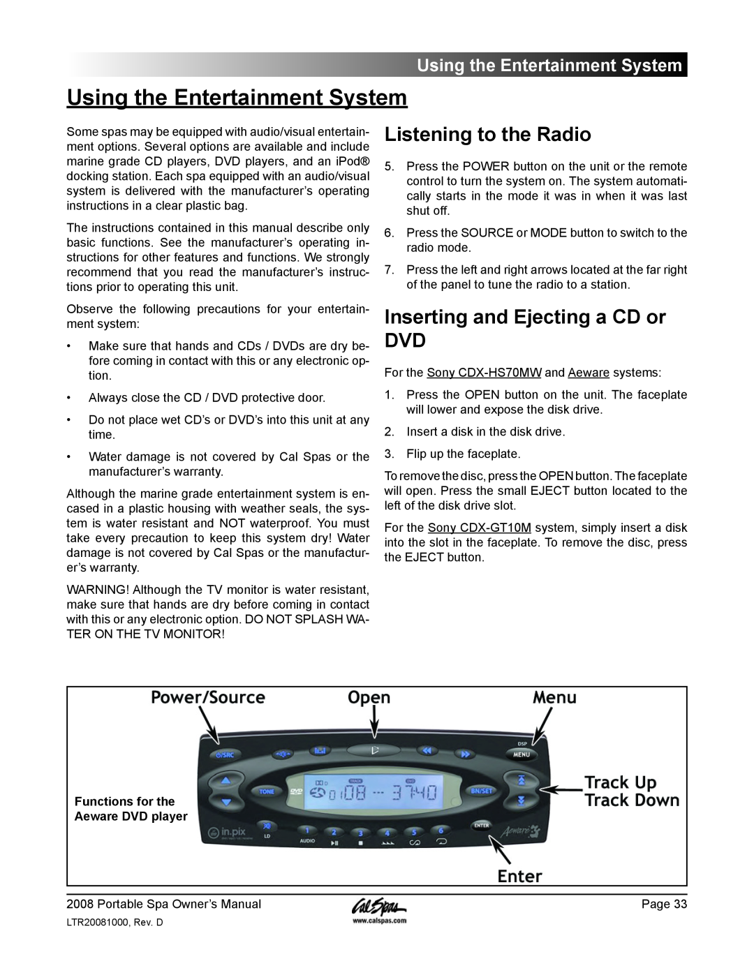 Cal Spas GFCI manual Using the Entertainment System, Listening to the Radio, Inserting and Ejecting a CD or DVD 