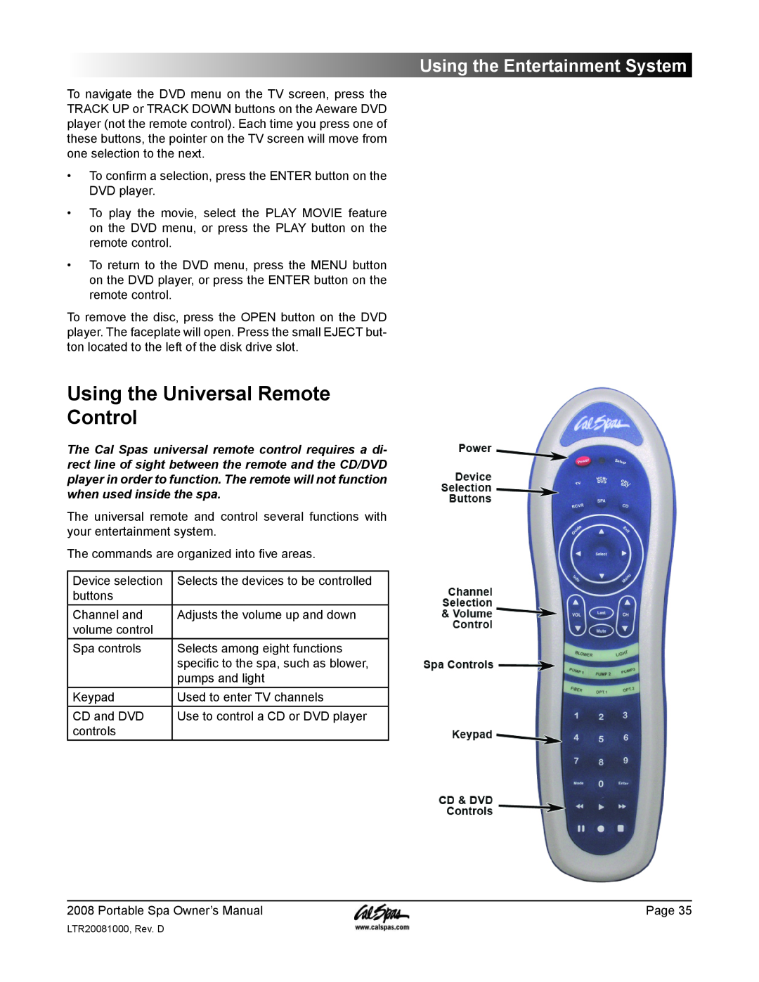 Cal Spas GFCI manual Using the Universal Remote Control, Using the Entertainment System 