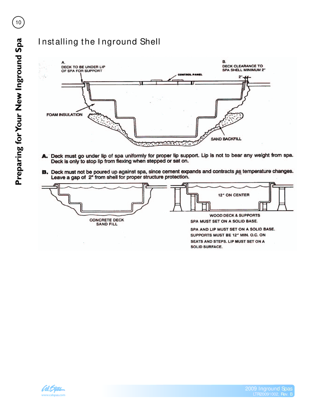 Cal Spas Inground Spas manual Preparing forYour New Inground Spa, Installing the Inground Shell 