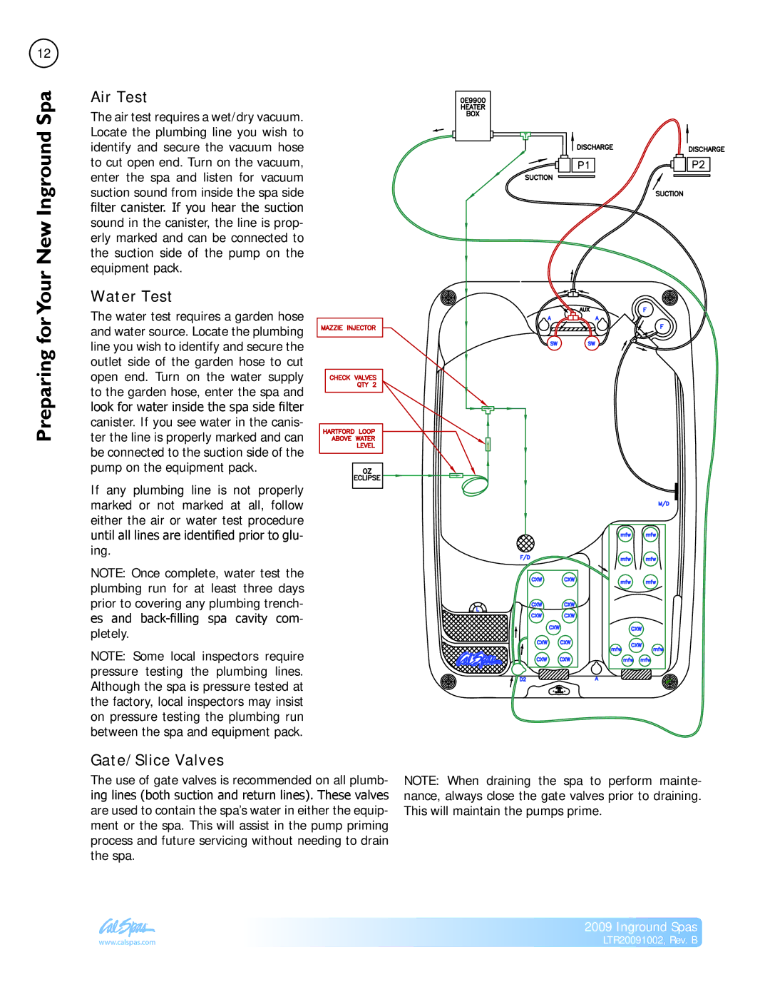 Cal Spas Inground Spas manual Air Test, Water Test, Gate/Slice Valves 