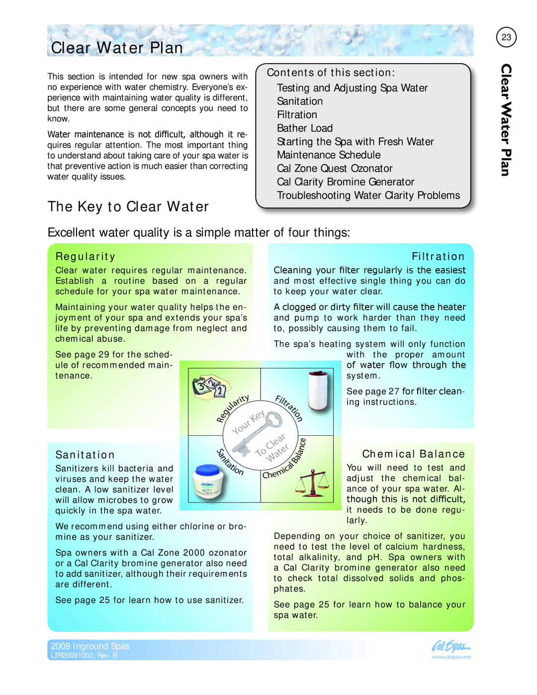 Cal Spas Inground Spas manual Clear Water Plan, Key to Clear Water, Contents of this section 