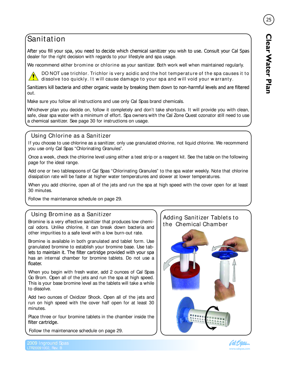 Cal Spas Inground Spas manual Sanitation, Using Chlorine as a Sanitizer, Using Bromine as a Sanitizer 