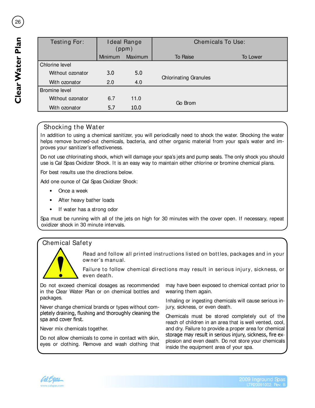 Cal Spas Inground Spas manual Shocking the Water, Chemical Safety 