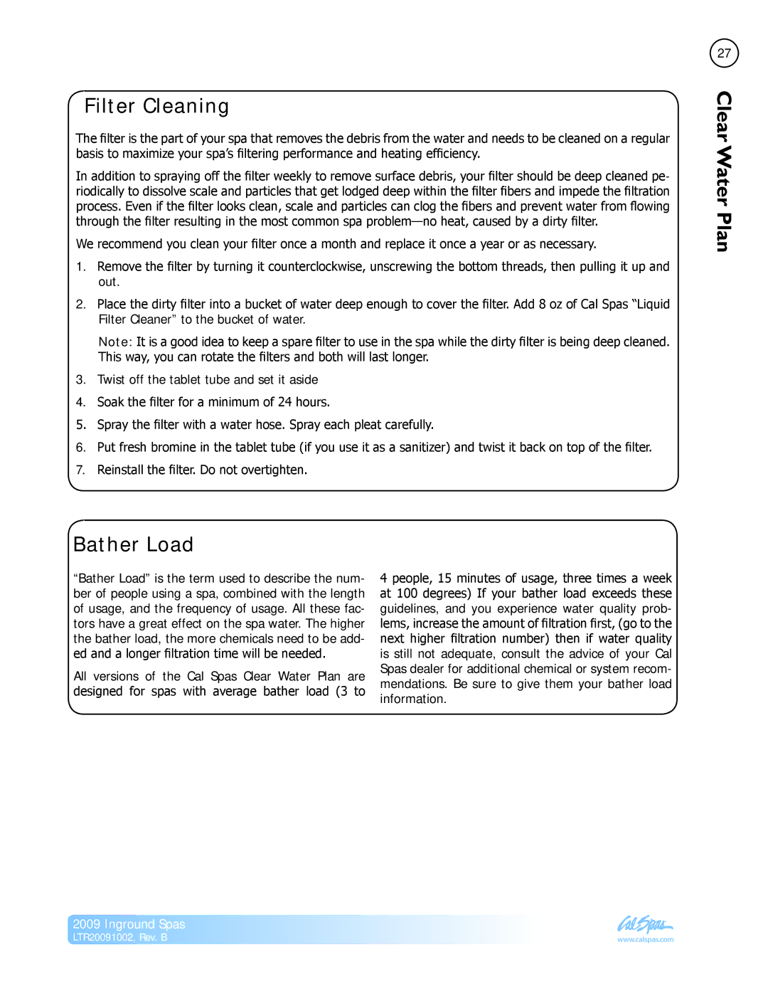 Cal Spas Inground Spas manual Filter Cleaning, Bather Load 