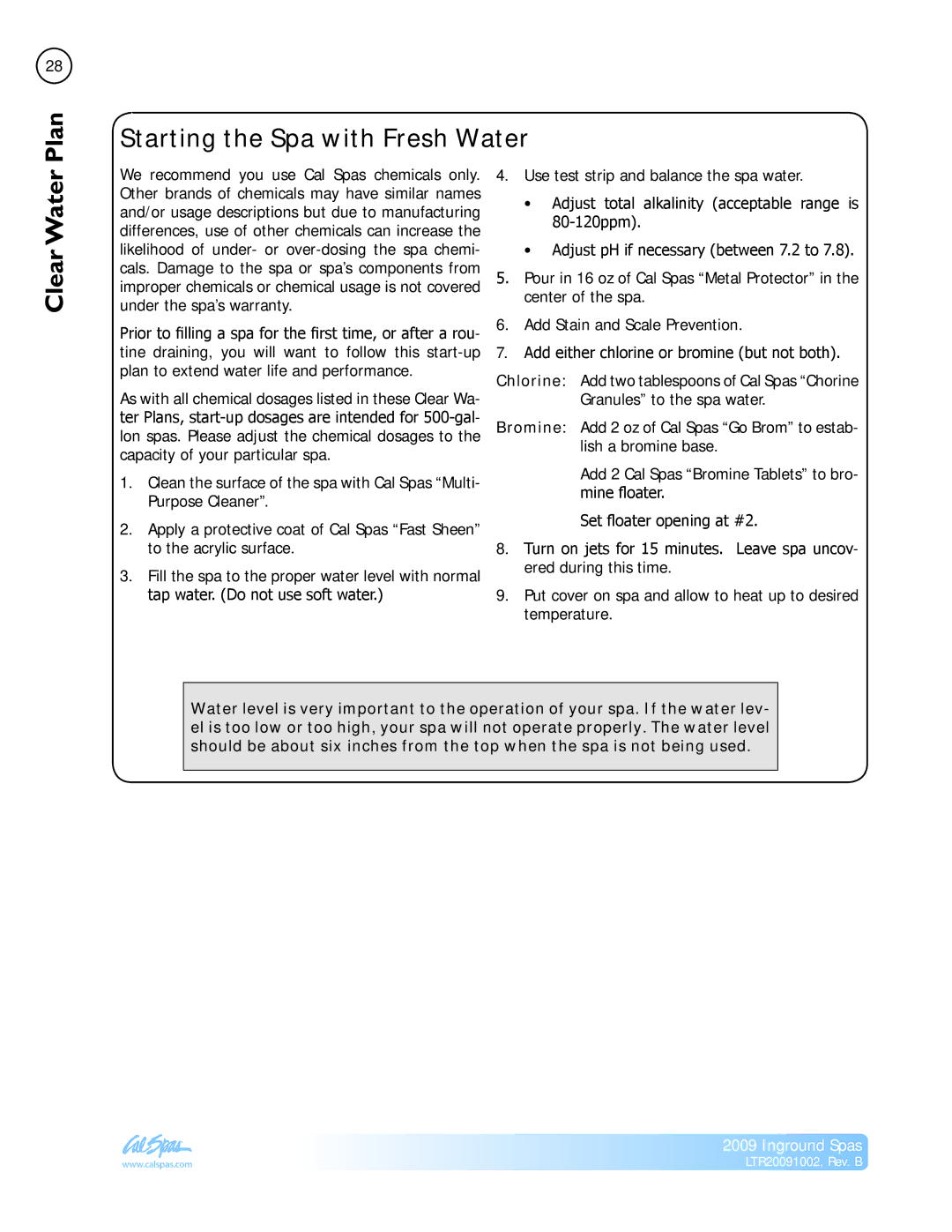 Cal Spas Inground Spas manual Plan, Starting the Spa with Fresh Water, Clear Water 