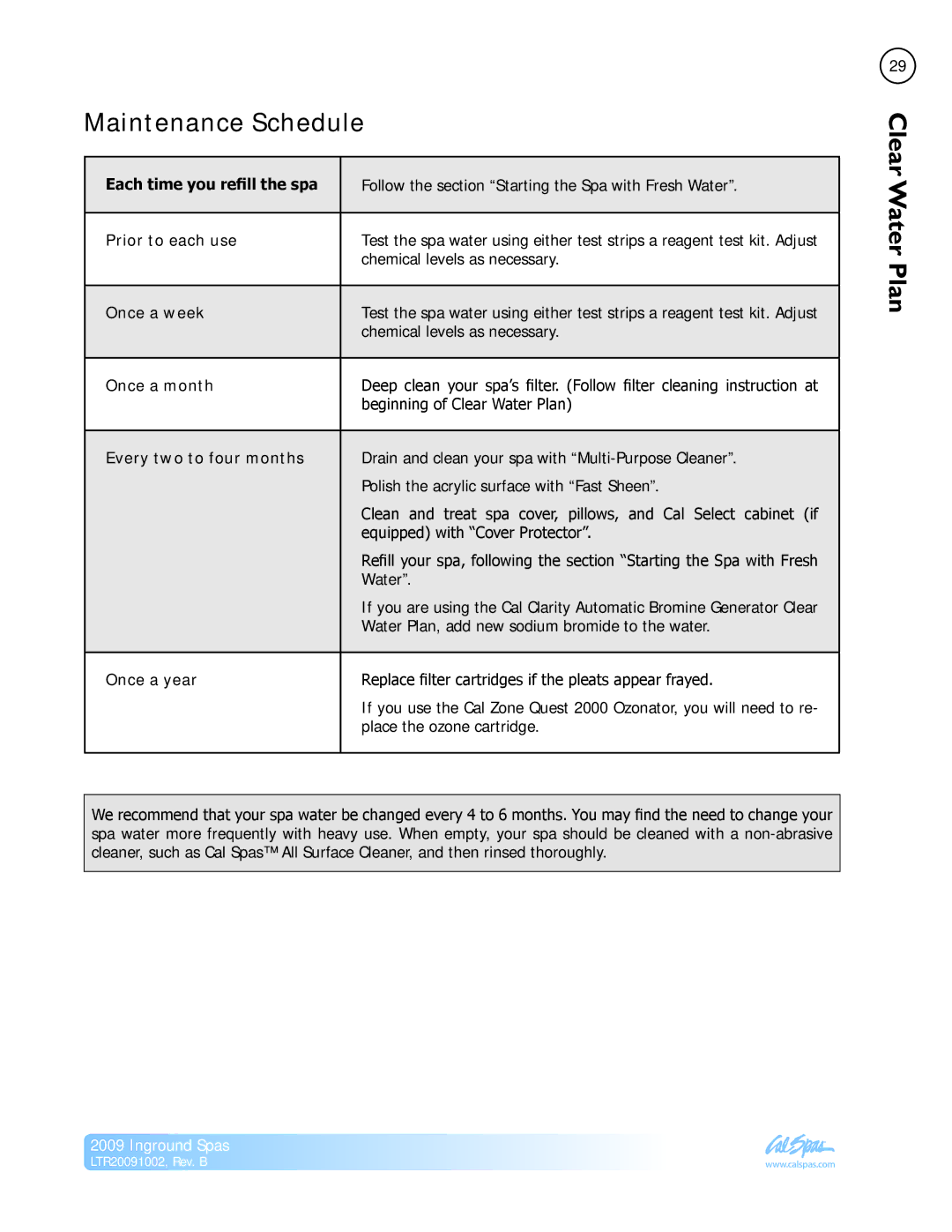 Cal Spas Inground Spas manual Maintenance Schedule 