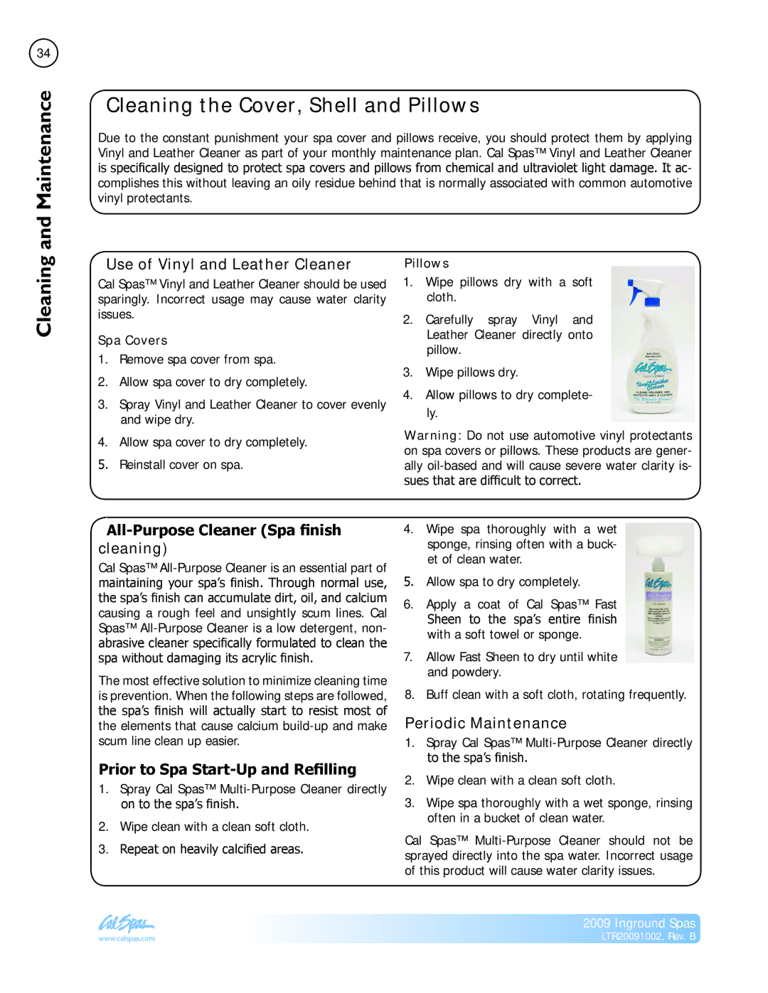 Cal Spas Inground Spas manual Cleaning the Cover, Shell and Pillows 