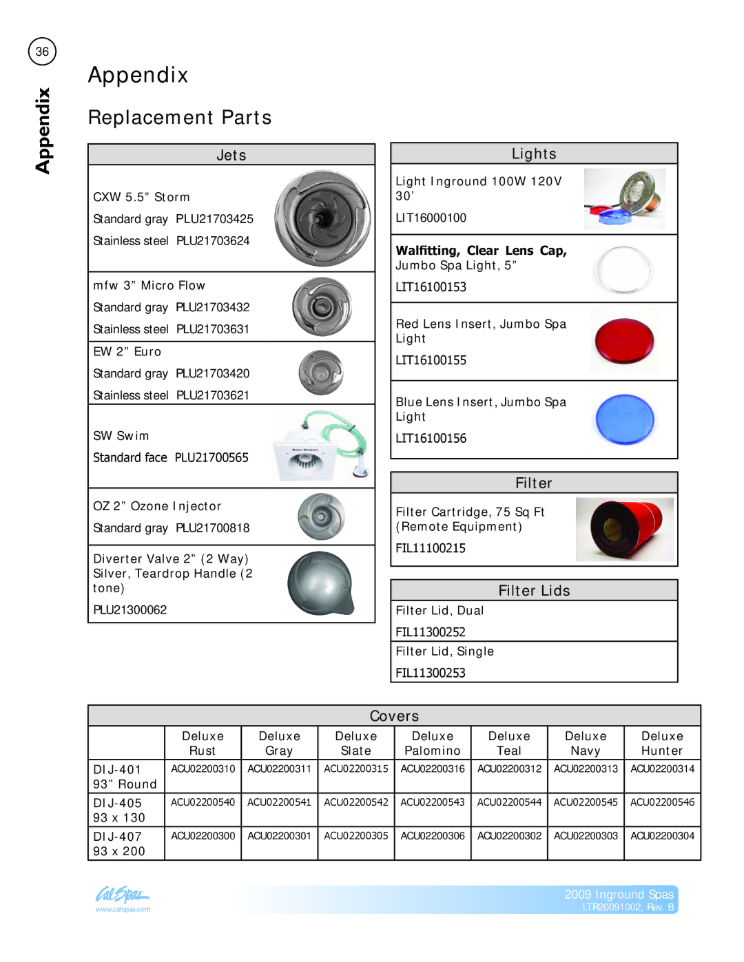 Cal Spas Inground Spas manual Appendix, Replacement Parts 