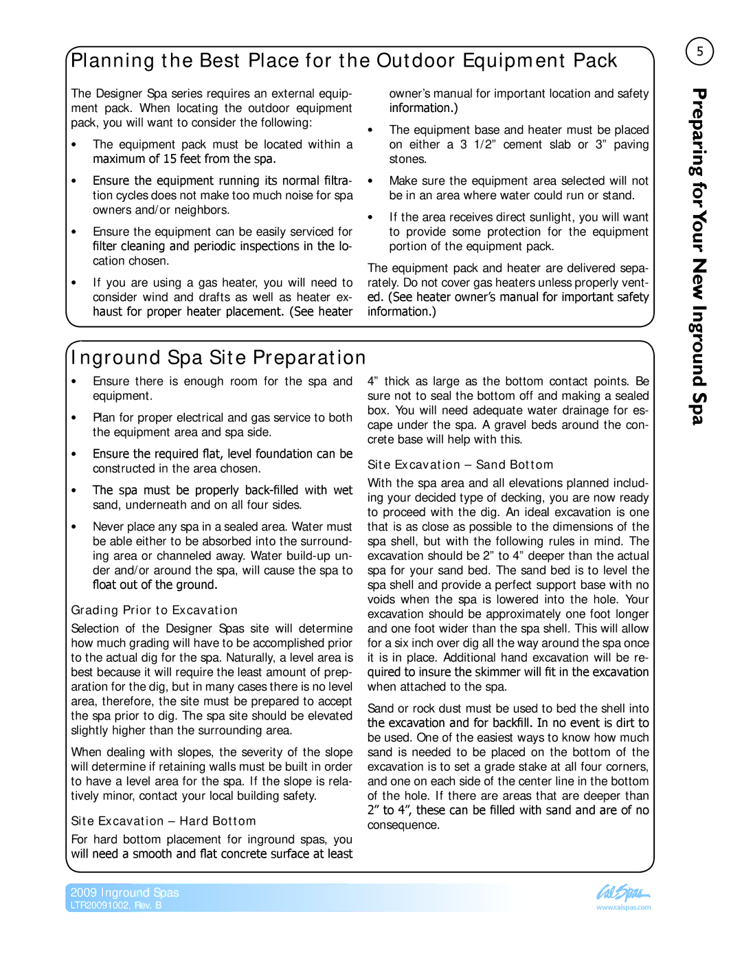 Cal Spas Inground Spas manual Planning the Best Place for the Outdoor Equipment Pack, Preparing forYour New 