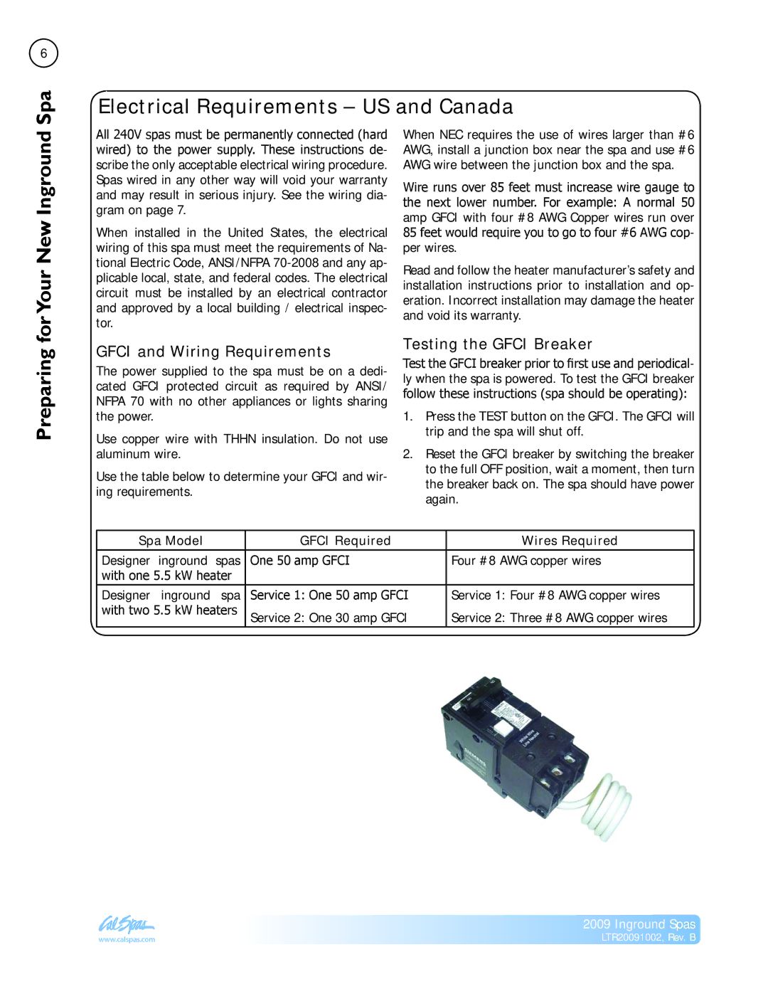 Cal Spas Inground Spas Electrical Requirements US and Canada, ForYour New Inground, Preparing, Testing the Gfci Breaker 