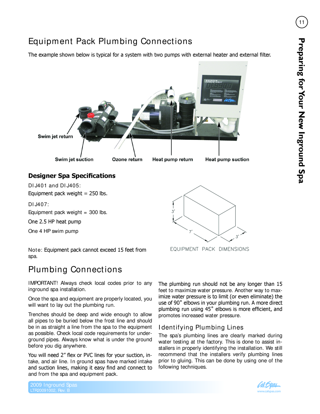 Cal Spas Inground Spas manual Equipment Pack Plumbing Connections, Designer Spa Specifications, Identifying Plumbing Lines 