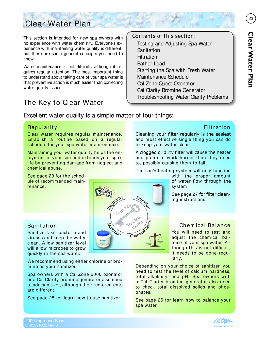 Cal Spas Inground Spas manual Clear Water Plan, The Key to Clear Water 