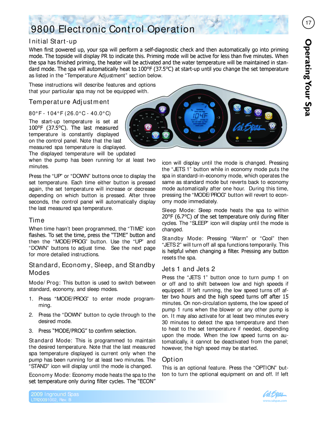 Cal Spas LTR20091002 manual Electronic Control Operation, Your Spa 