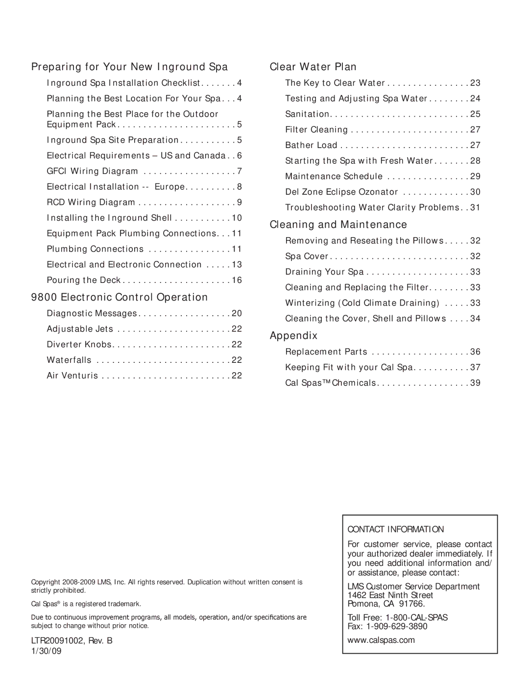 Cal Spas LTR20091002 manual Preparing for Your New Inground Spa Clear Water Plan, Cleaning and Maintenance, Appendix 