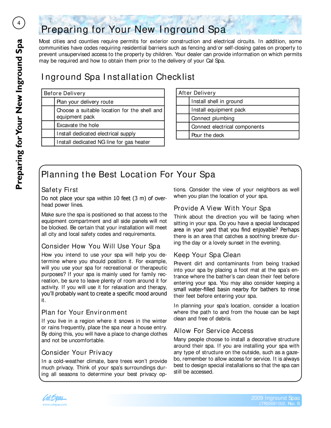 Cal Spas LTR20091002 manual Preparing for Your New Inground Spa, Inground Spa Installation Checklist, ForYour New 