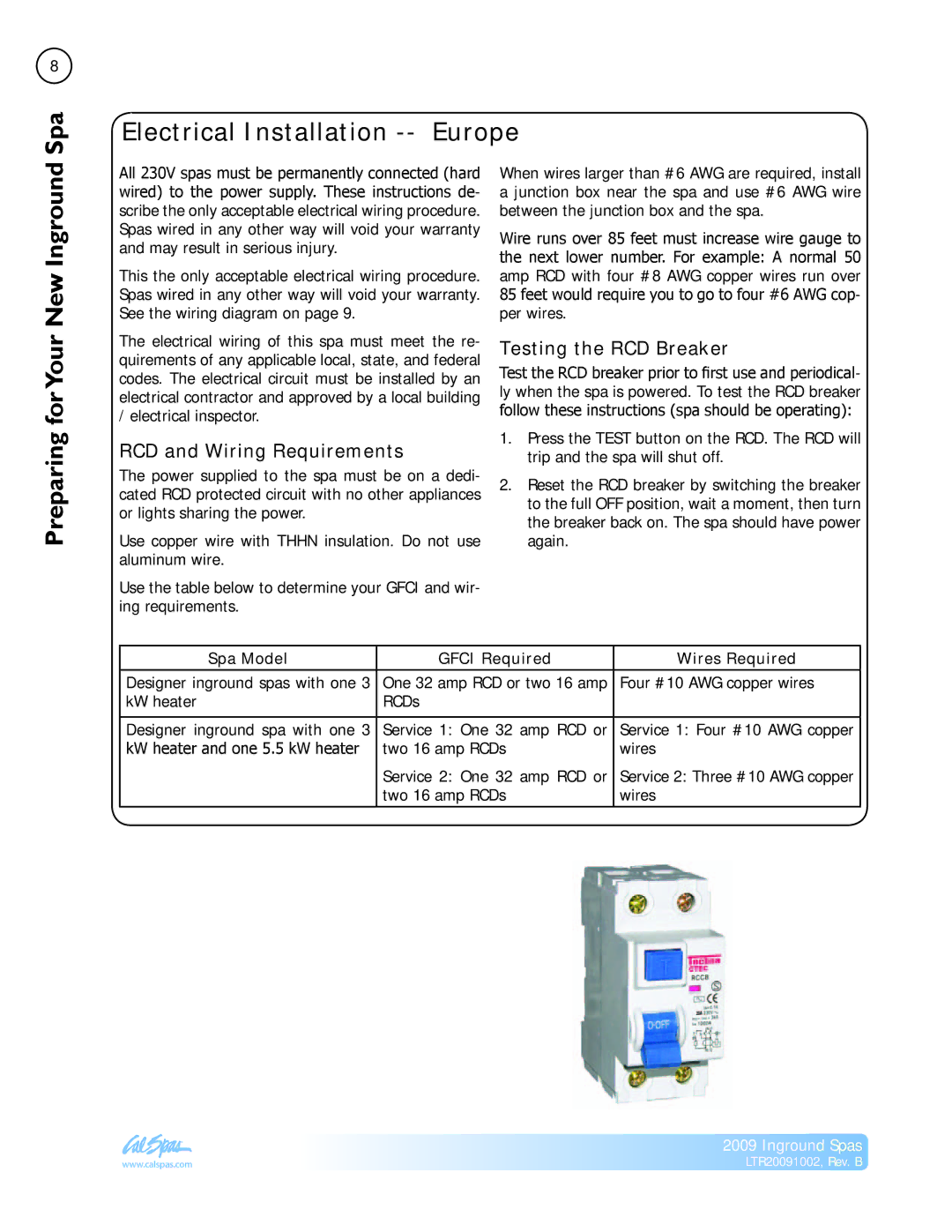 Cal Spas LTR20091002 manual Electrical Installation -- Europe, Preparing forYour New Inground, RCD and Wiring Requirements 