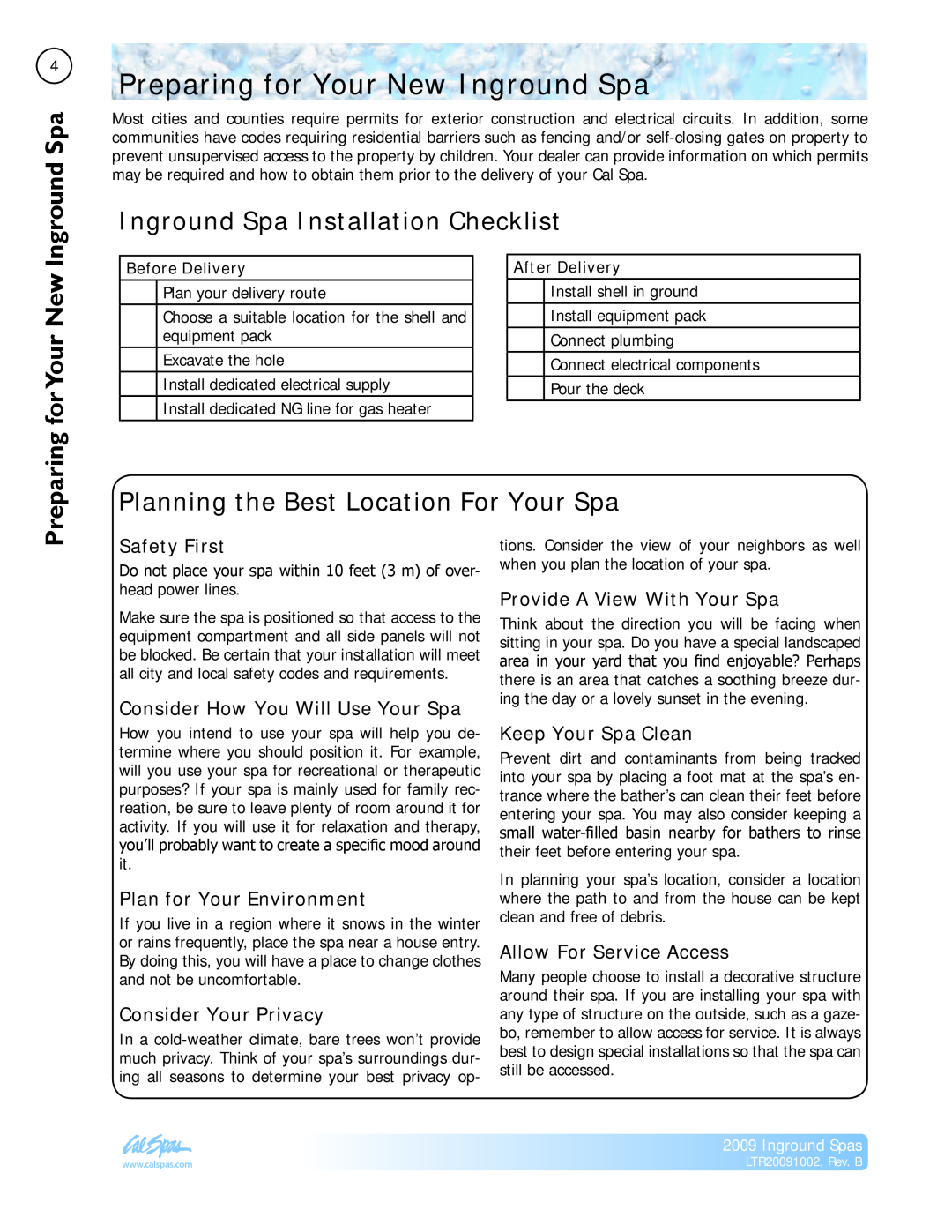 Cal Spas LTR20091002 Preparing for Your New Inground Spa, Inground Spa Installation Checklist, forYour New, Safety First 