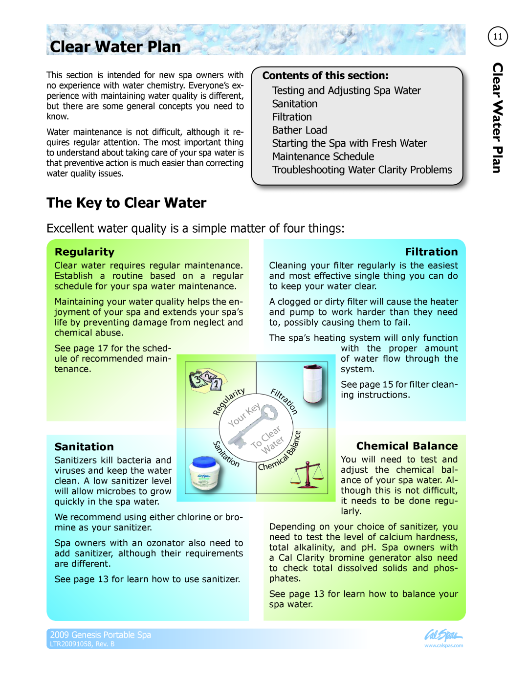 Cal Spas LTR20091058 manual Clear Water Plan, The Key to Clear Water 