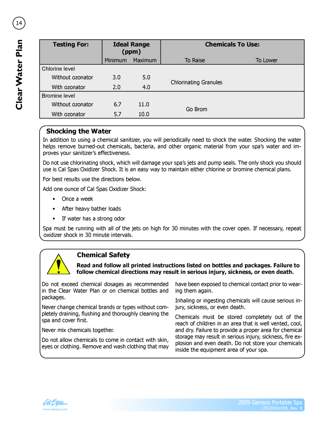 Cal Spas LTR20091058 Shocking the Water, Chemical Safety, Ideal Range, Clear PlanWater, Testing For, Chemicals To Use 