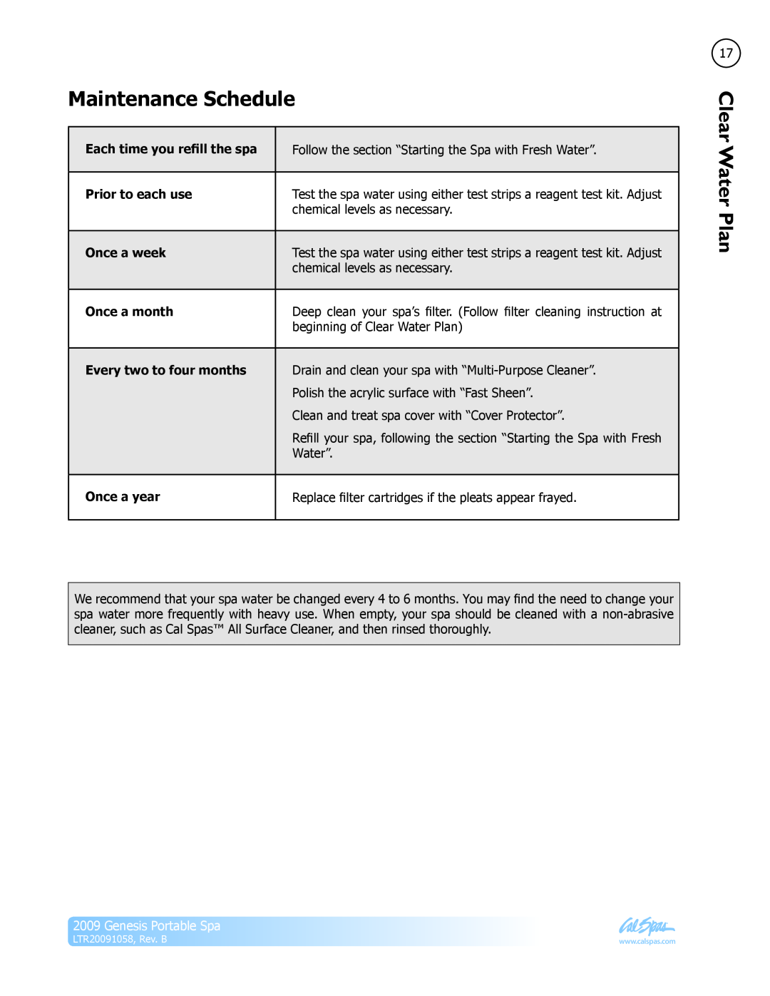 Cal Spas LTR20091058 Maintenance Schedule, Each time you refill the spa, Prior to each use, Once a week, Once a month 