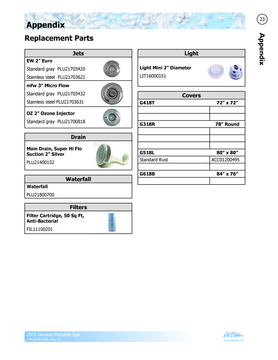 Cal Spas LTR20091058 Appendix, Replacement Parts, Drain, Waterfall, Filters, Covers, EW 2” Euro, mfw 3” Micro Flow, G418T 