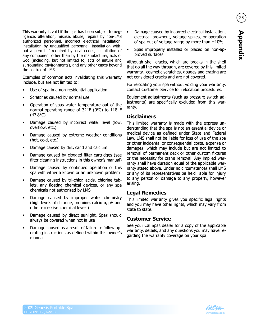 Cal Spas LTR20091058 manual Disclaimers, Legal Remedies, Customer Service, Genesis Portable Spa 