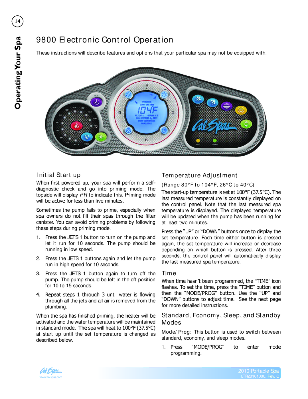 Cal Spas LTR20101000 manual Electronic Control Operation, Time, Standard, Economy, Sleep, and Standby Modes 