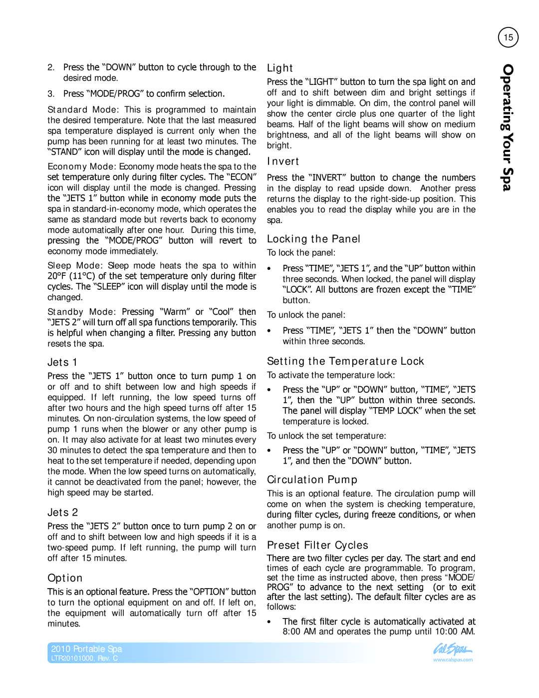 Cal Spas LTR20101000 manual Invert, Locking the Panel, Setting the Temperature Lock, Circulation Pump, Preset Filter Cycles 