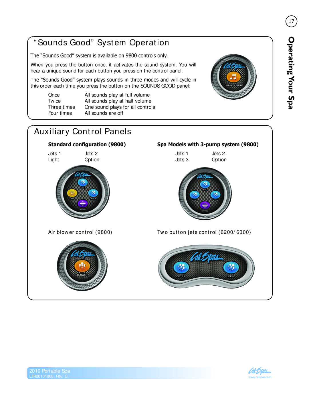 Cal Spas LTR20101000 manual Sounds Good System Operation, Auxiliary Control Panels 