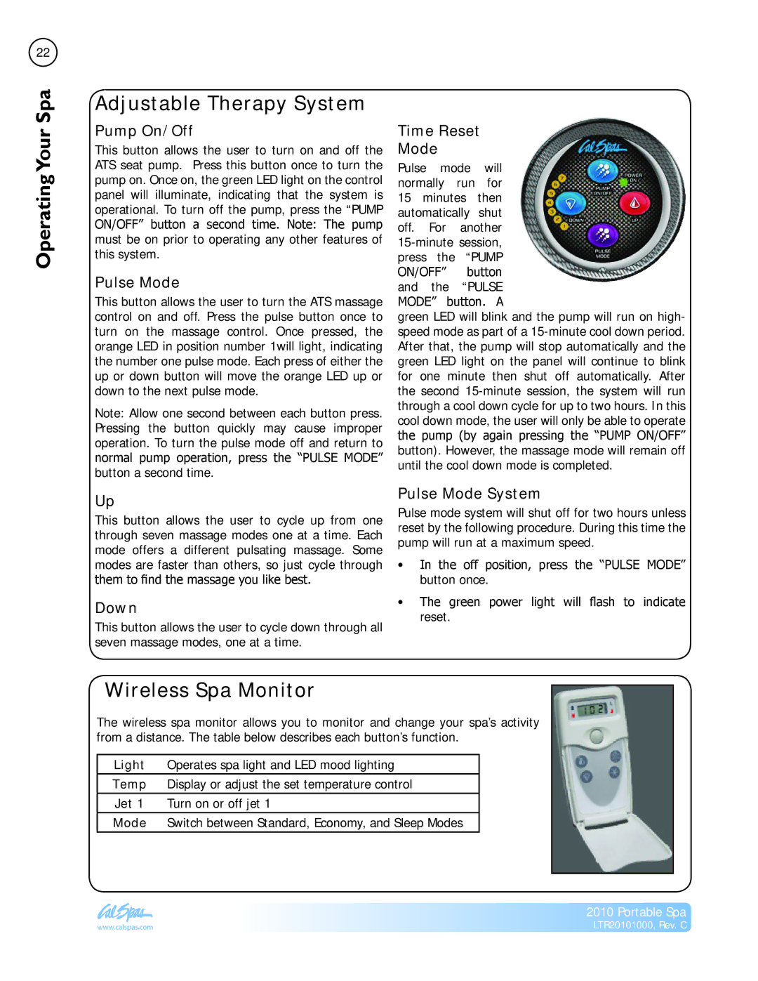 Cal Spas LTR20101000 manual Adjustable Therapy System, Wireless Spa Monitor 