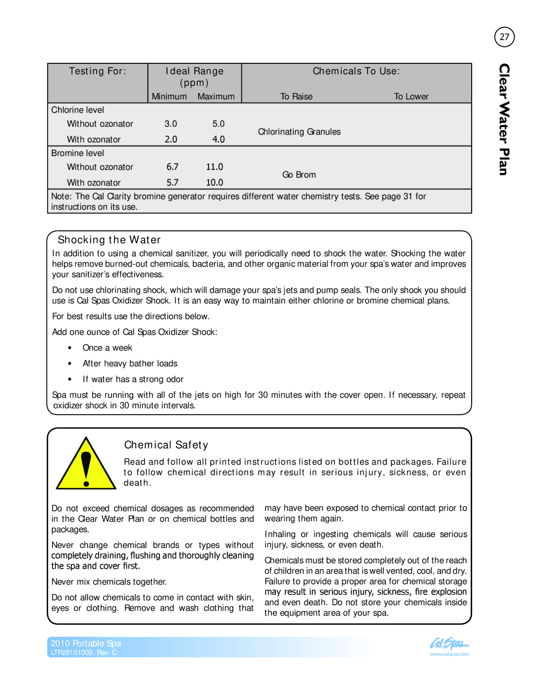 Cal Spas LTR20101000 manual Shocking the Water, Chemical Safety 