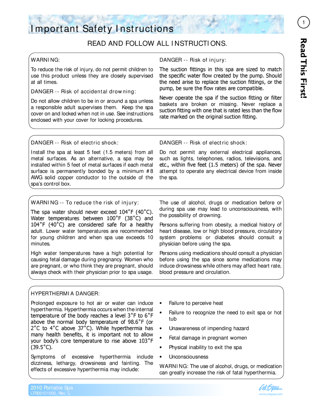 Cal Spas LTR20101000 manual Important Safety Instructions, This First 