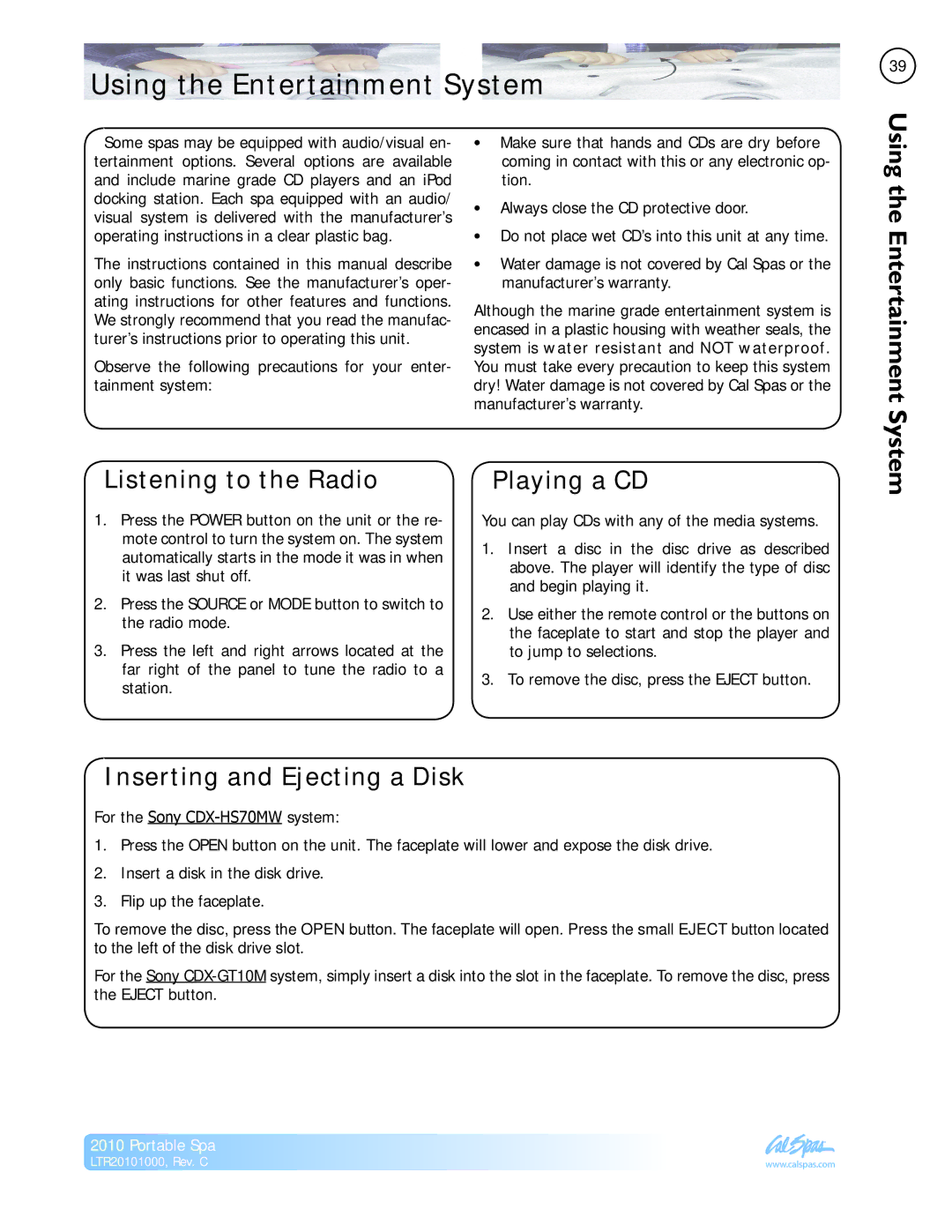 Cal Spas LTR20101000 Using the Entertainment System, Listening to the Radio, Playing a CD, Inserting and Ejecting a Disk 