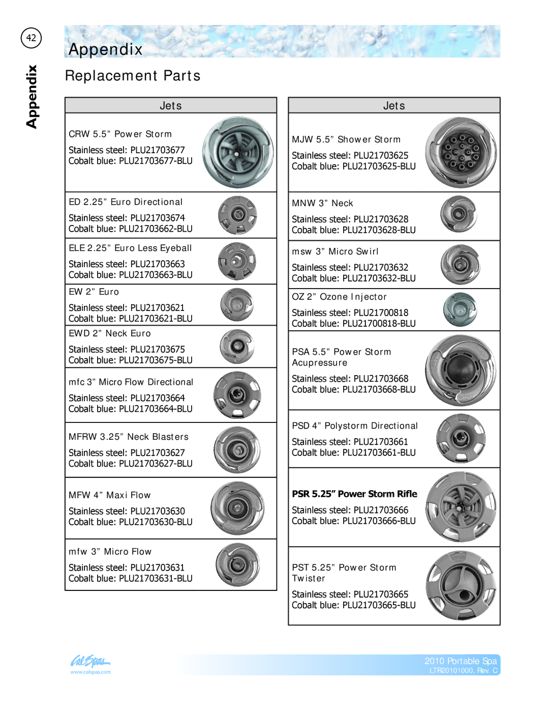 Cal Spas LTR20101000 manual Appendix, Replacement Parts 