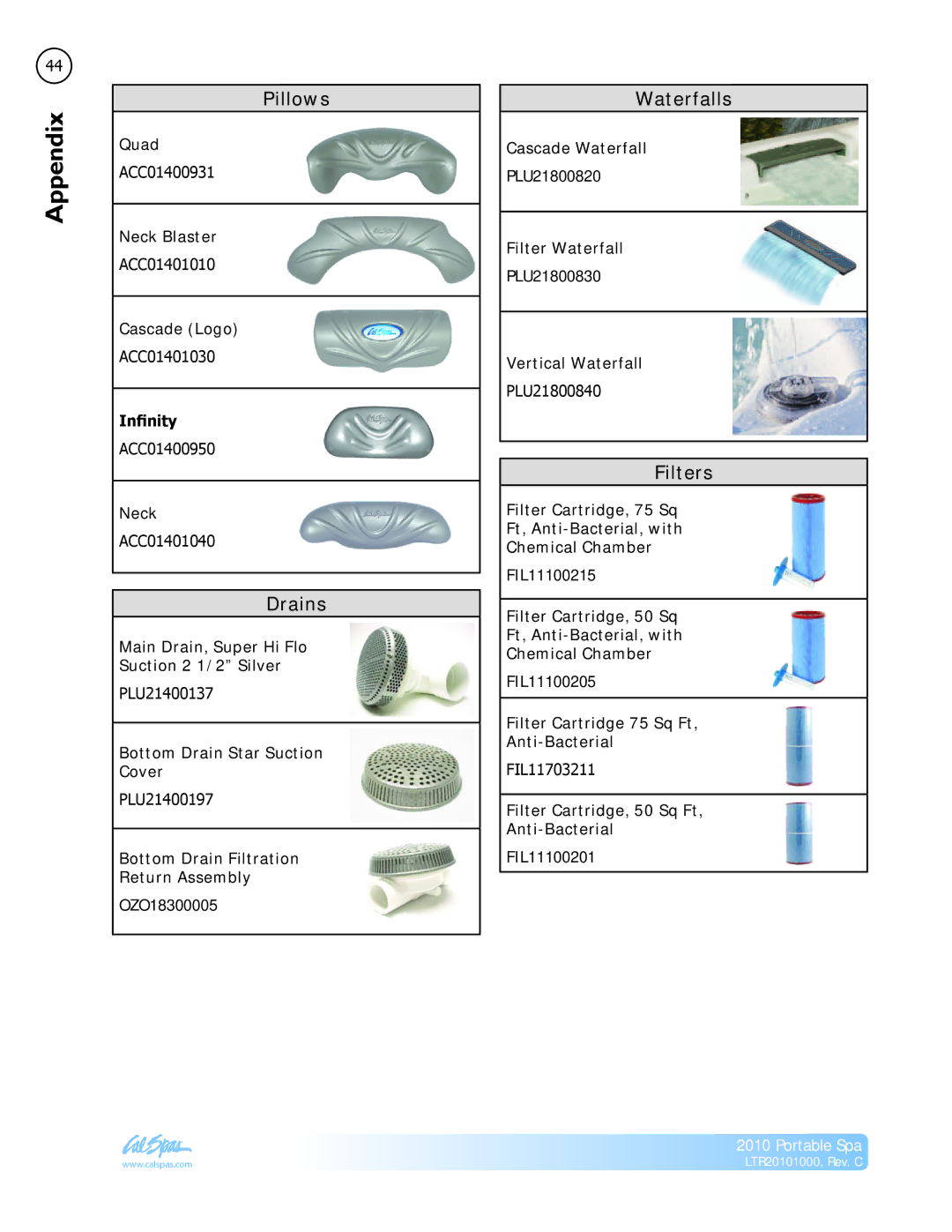 Cal Spas LTR20101000 manual Pillows, Drains, Waterfalls, Filters 