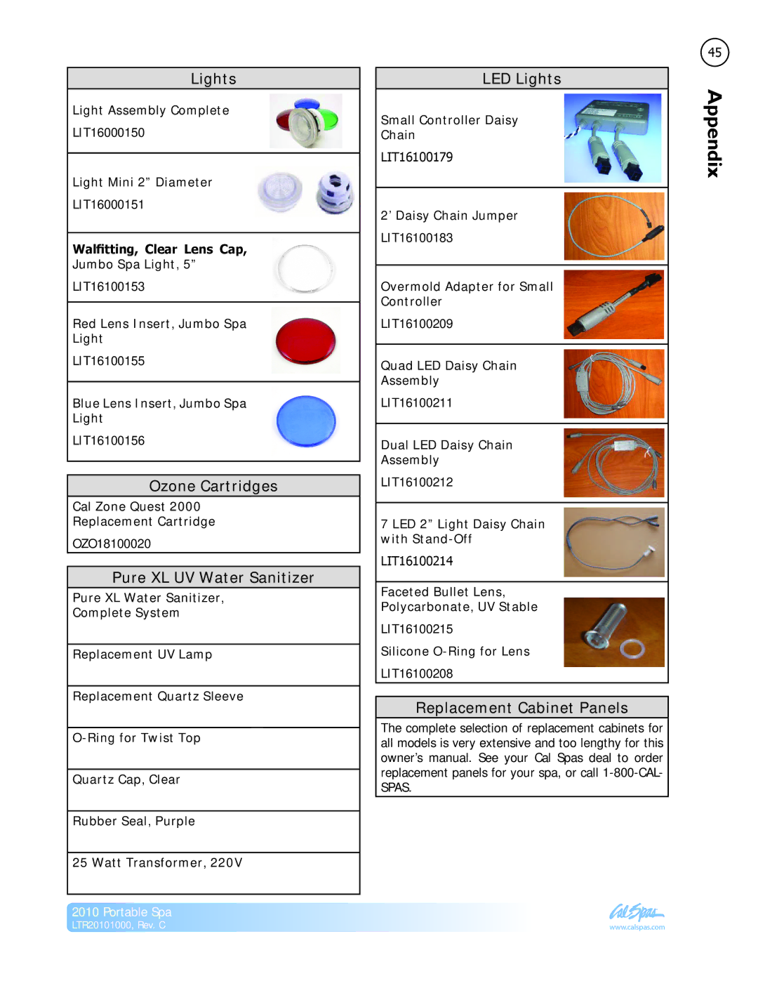 Cal Spas LTR20101000 manual Ozone Cartridges, Pure XL UV Water Sanitizer, LED Lights, Replacement Cabinet Panels 