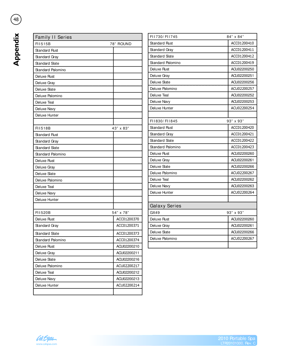 Cal Spas LTR20101000 manual Family II Series, Galaxy Series 