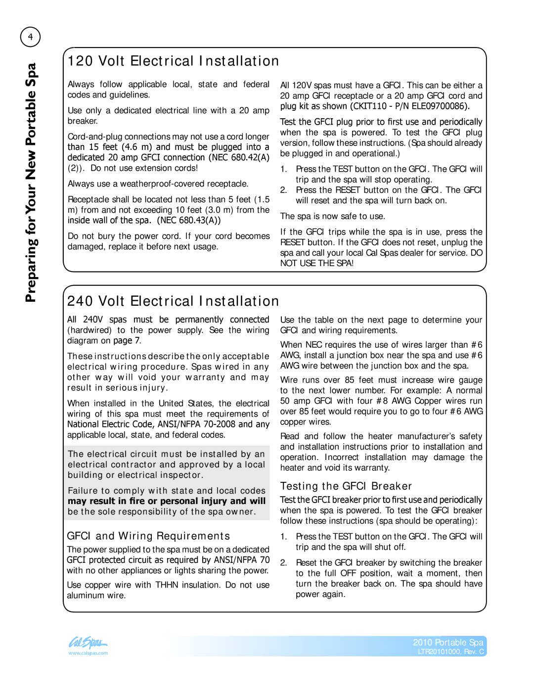 Cal Spas LTR20101000 manual Spa, Volt Electrical Installation, Preparing forYour New Portable, Testing the Gfci Breaker 