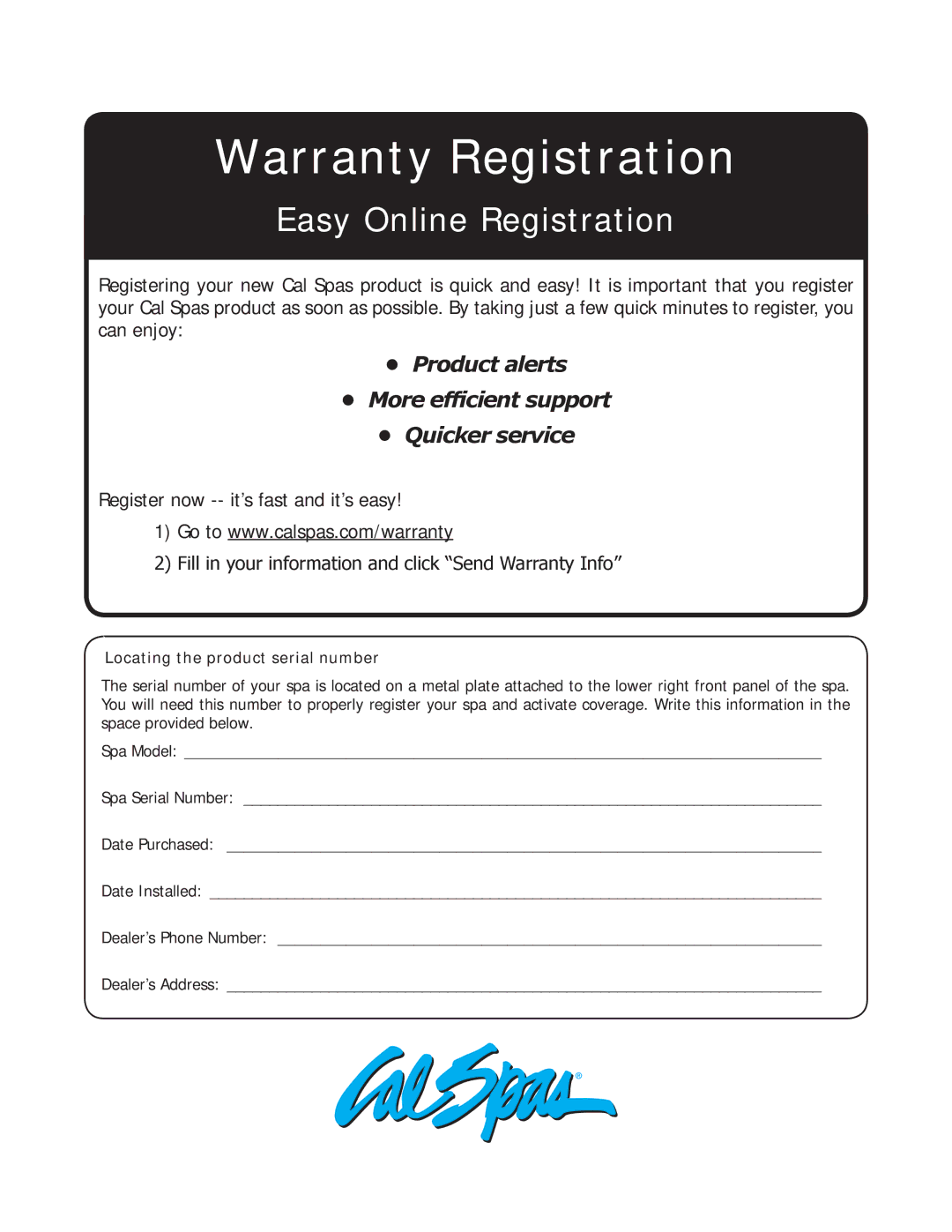 Cal Spas LTR20101000 manual Warranty Registration, Locating the product serial number 