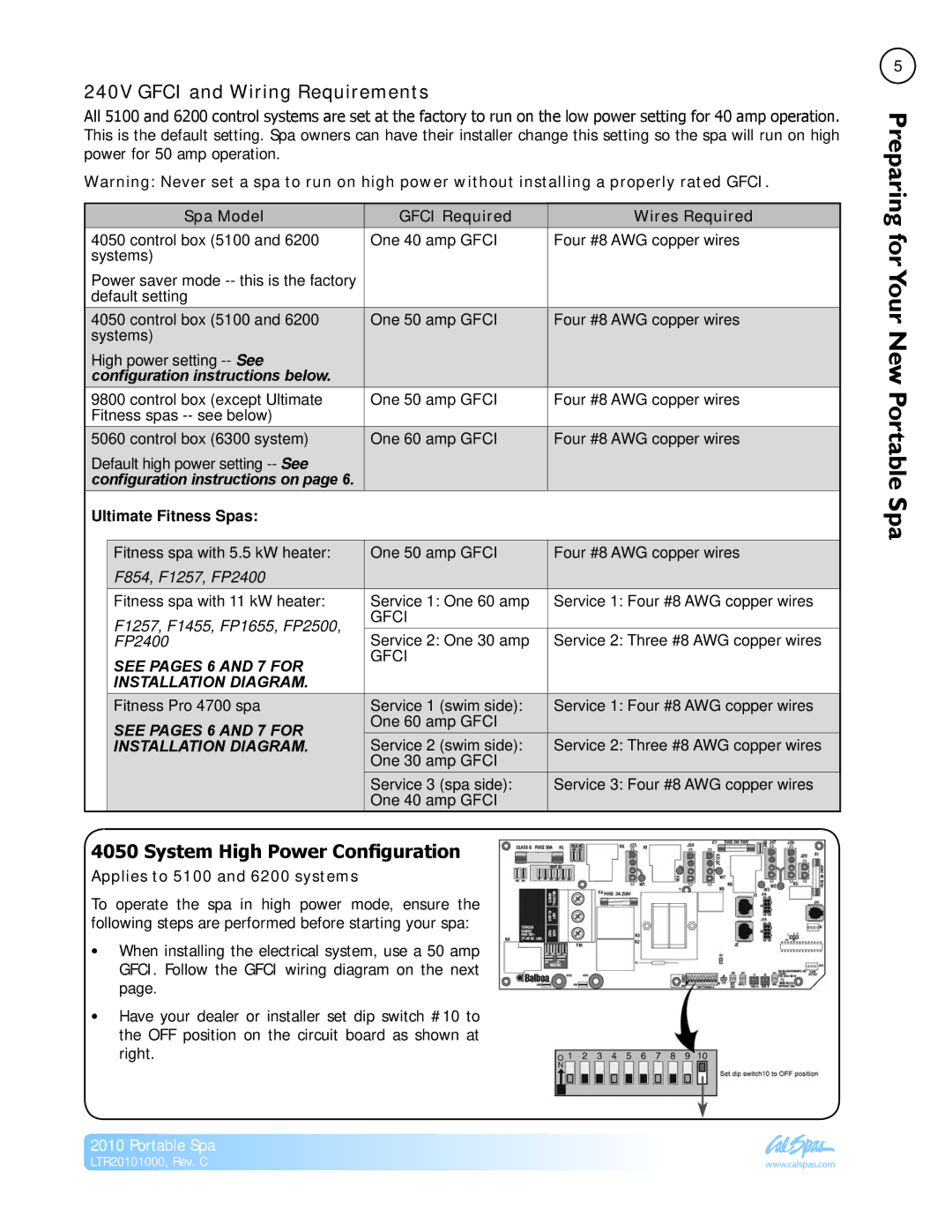 Cal Spas LTR20101000 manual Your New Portable Spa, 240V Gfci and Wiring Requirements, System High Power Configuration 