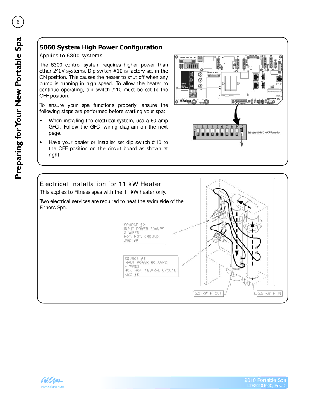 Cal Spas LTR20101000 Preparing forYour New Portable Spa, Electrical Installation for 11 kW Heater, Applies to 6300 systems 