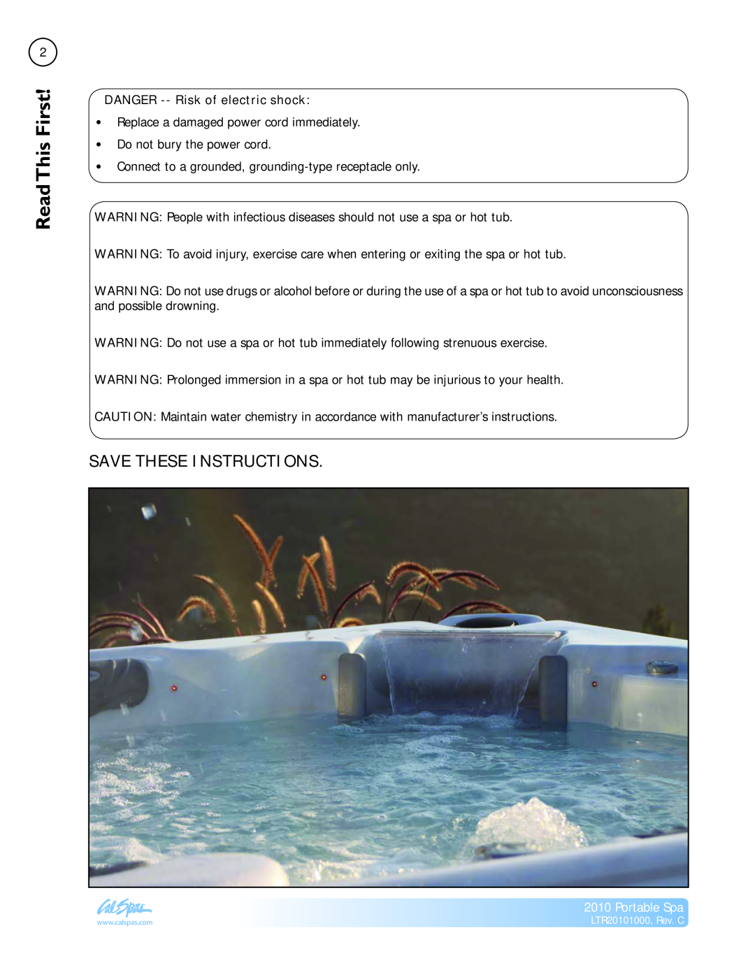 Cal Spas LTR20101000 manual Read First!This, Save These Instructions, DANGER --Risk of electric shock, Portable Spa 
