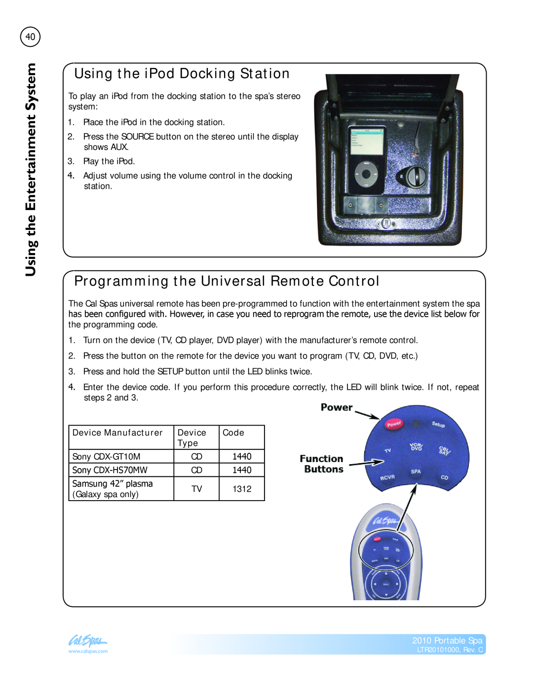 Cal Spas LTR20101000 manual theUsing SystemEntertainment, Using the iPod Docking Station, Device Manufacturer, Code, Type 