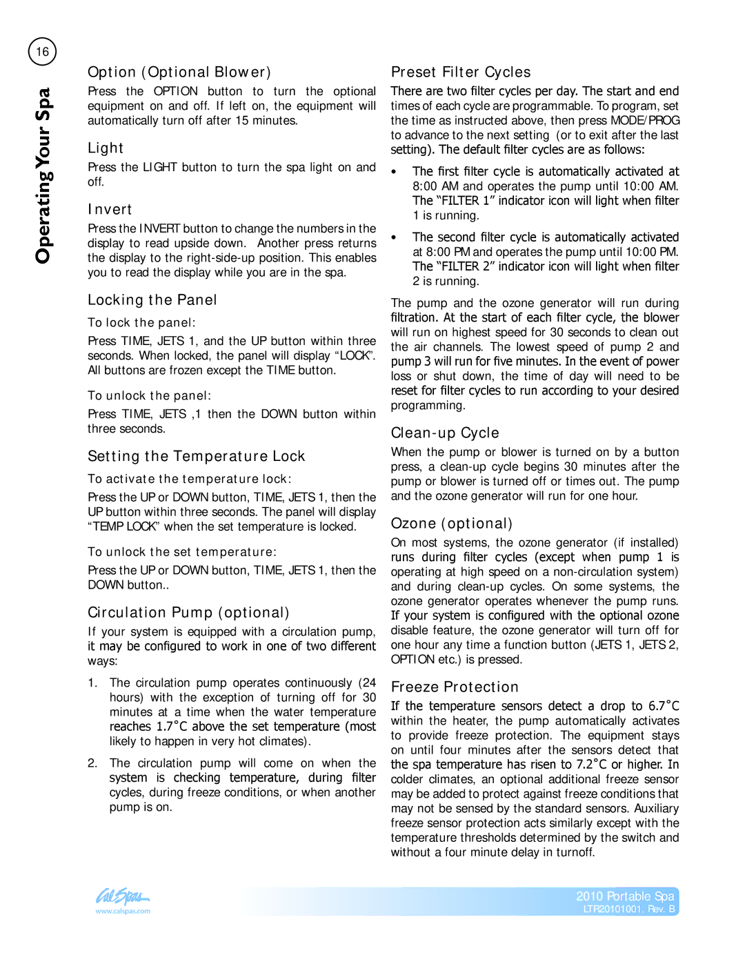 Cal Spas LTR20101001 Option Optional Blower, Invert, Locking the Panel, Setting the Temperature Lock, Preset Filter Cycles 