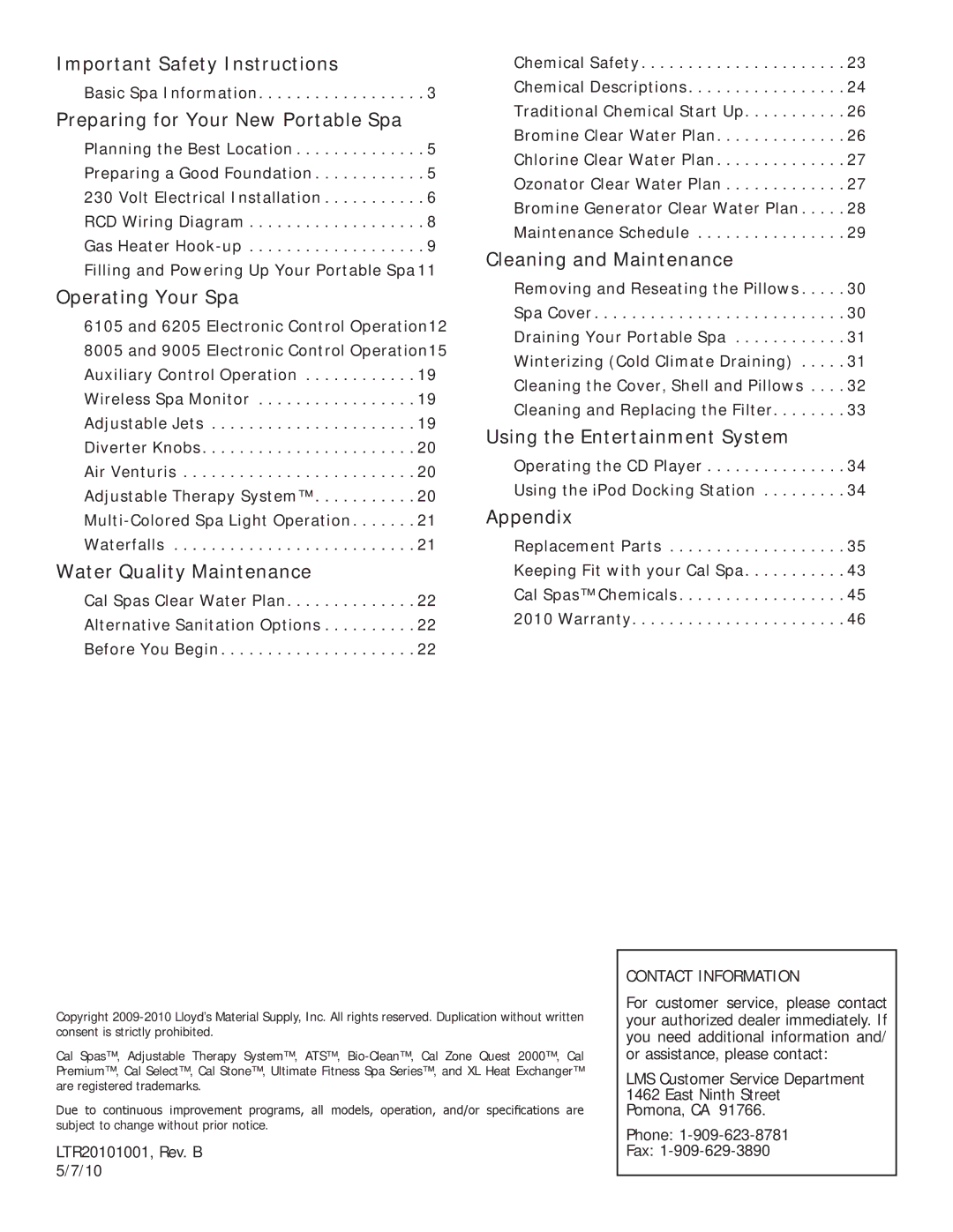 Cal Spas LTR20101001 manual Important Safety Instructions, Cleaning and Maintenance, Operating Your Spa, Appendix 